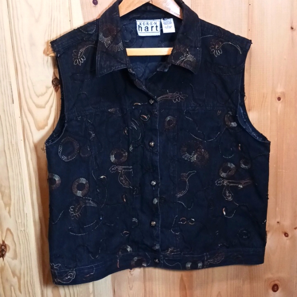 Keren Hart Vintage Upcycled Black Denim Embroidered Vest